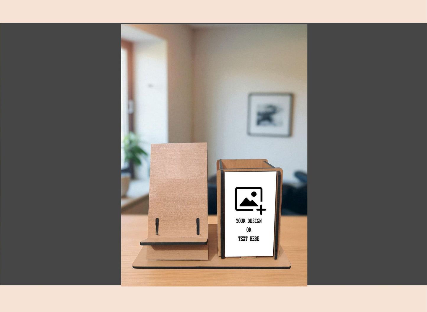 Wooden phone stand with customizable design area on a wooden surface.