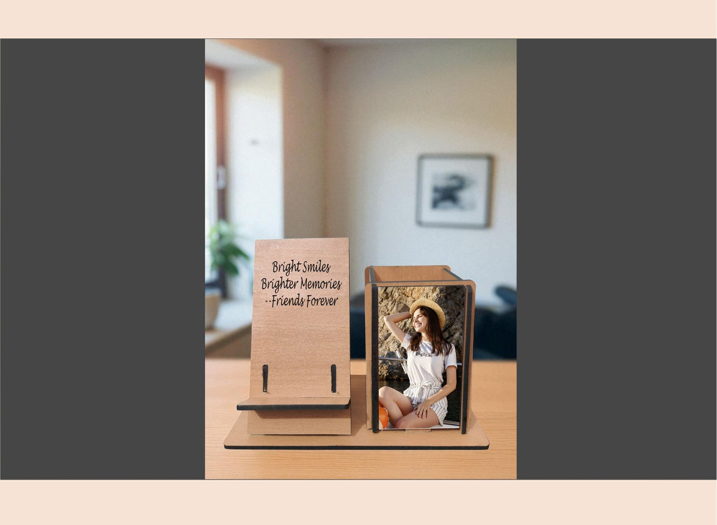 Wooden photo frame with a photo of a couple on a wooden surface.