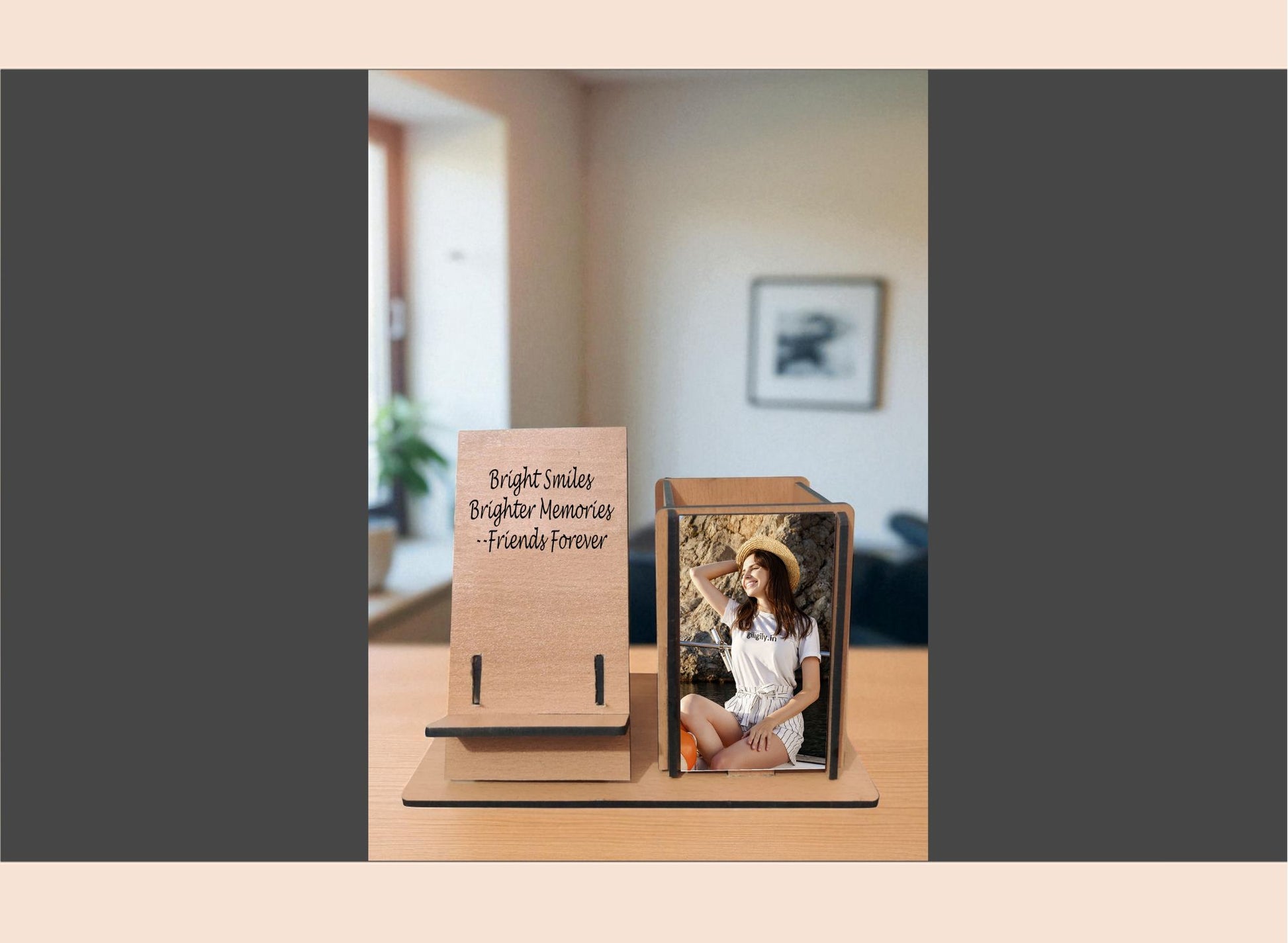Wooden photo frame with a photo of a couple on a wooden surface.