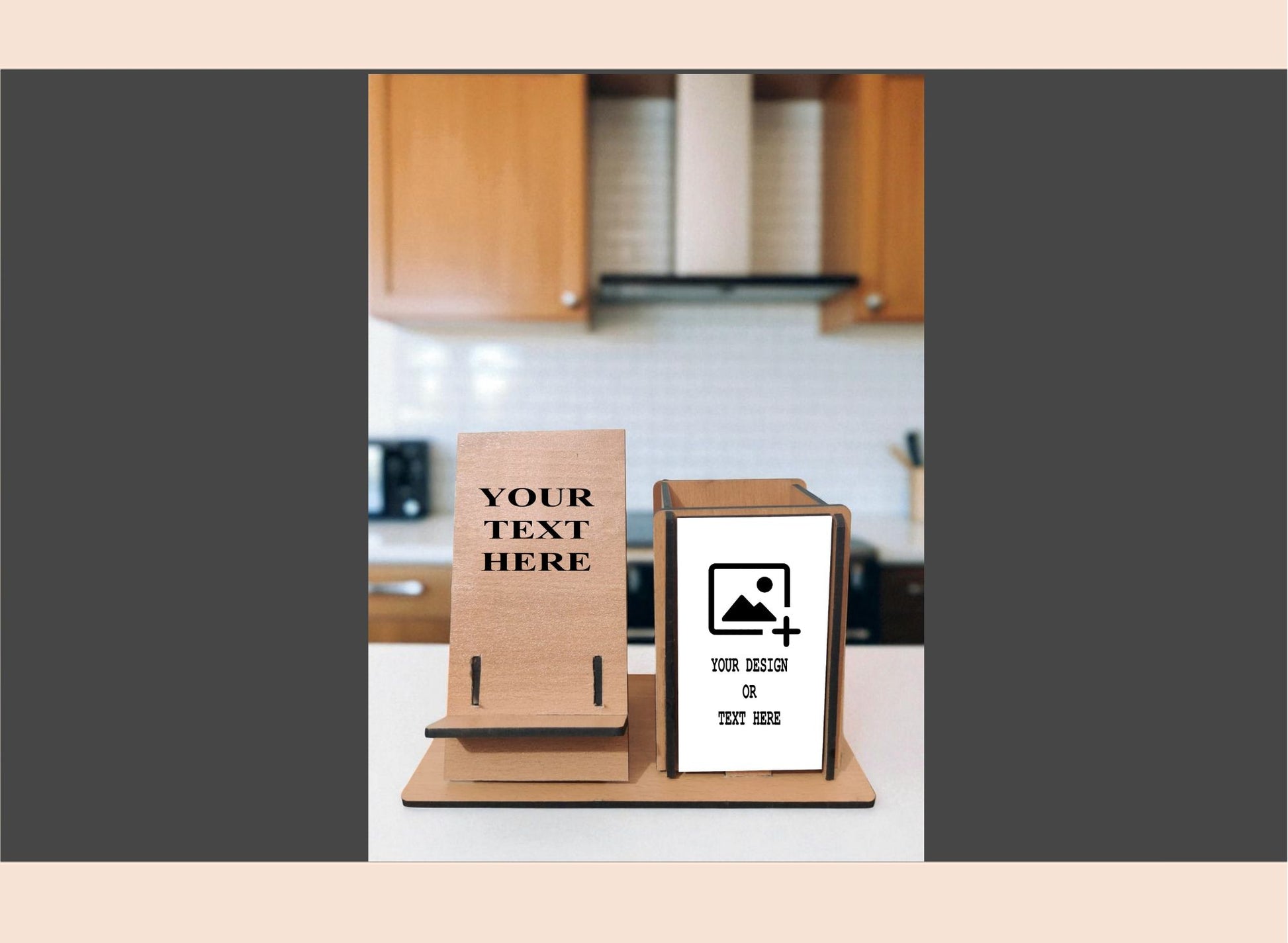 Wooden photo display stand with customizable text and photo area in a kitchen setting