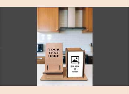Wooden photo display stand with customizable text and photo area in a kitchen setting