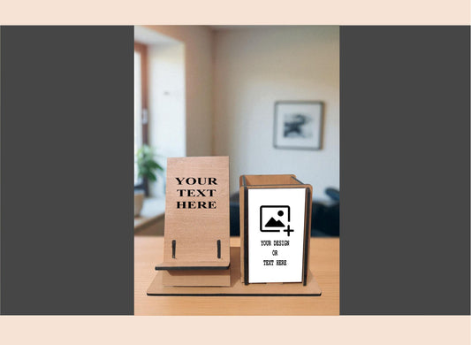 Wooden phone stand with customizable text and photo placeholders on a table.