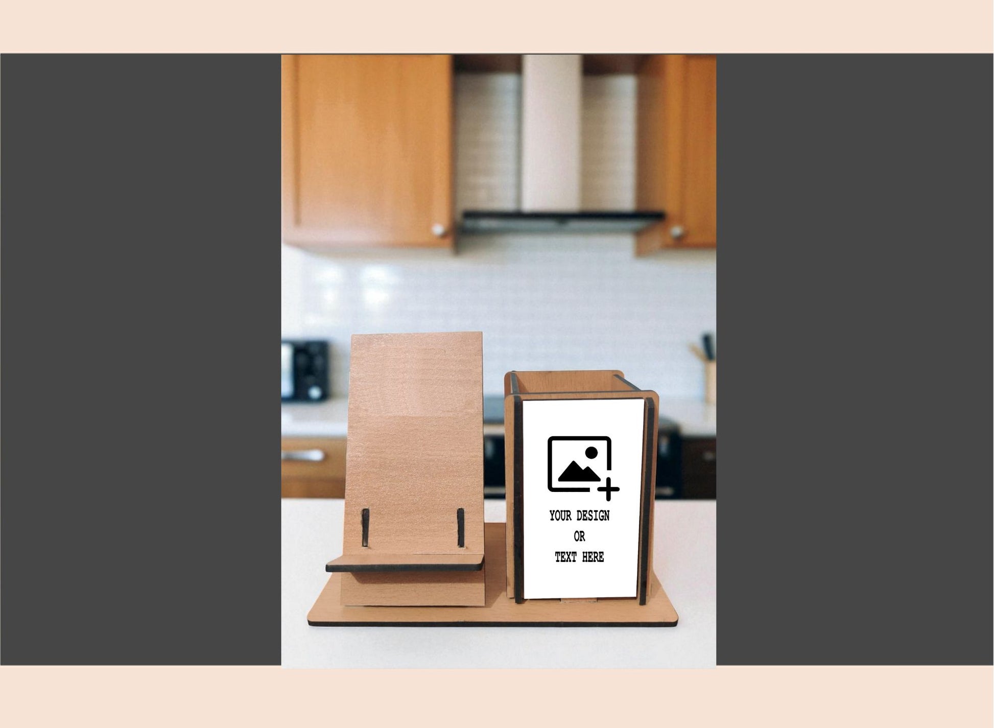 Wooden photo frame stand with customizable design area on a kitchen counter.