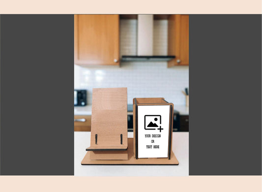 Wooden photo frame stand with customizable design area on a kitchen counter.