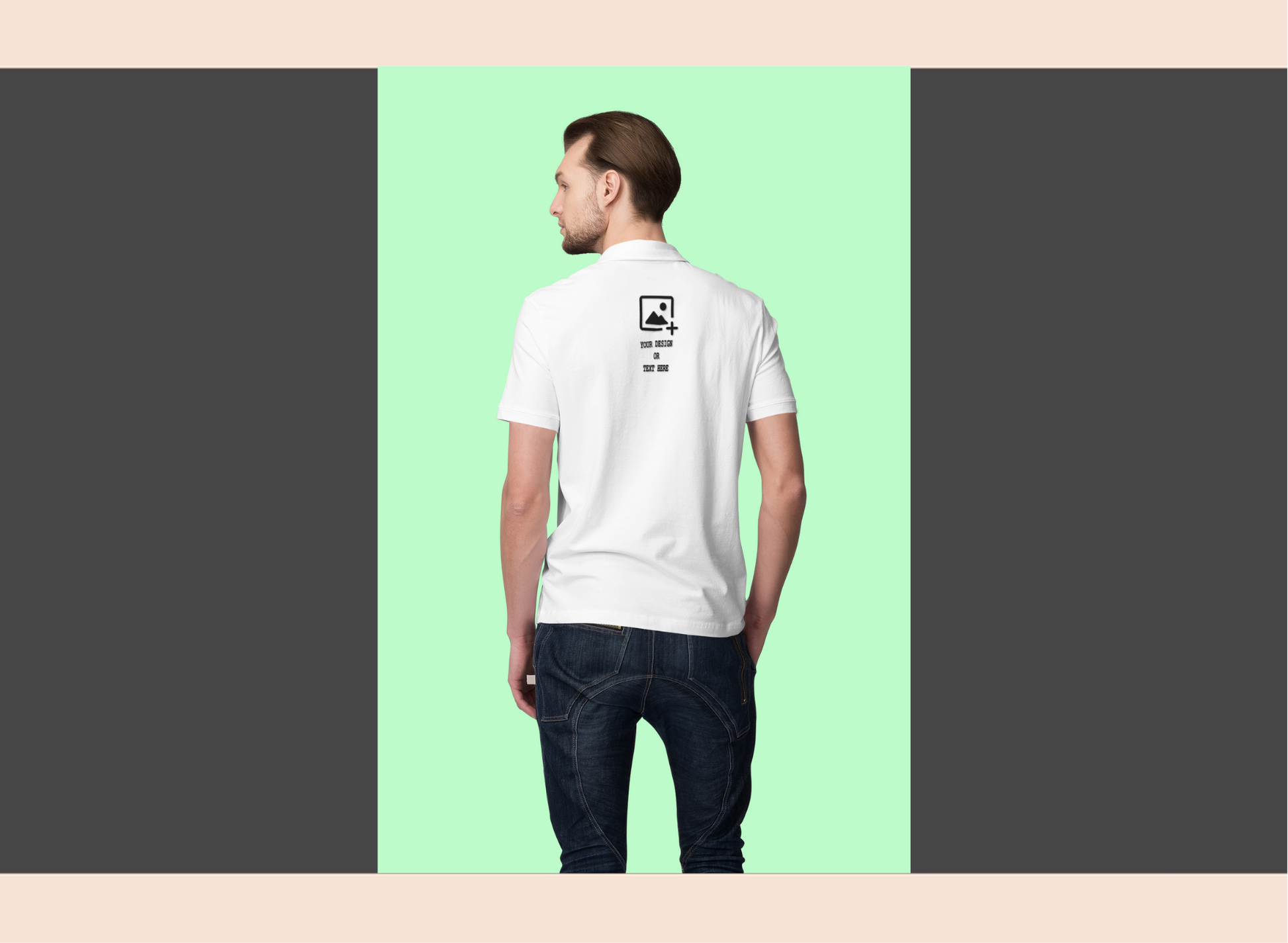 Man wearing a white t-shirt with a logo on the back against a green background
