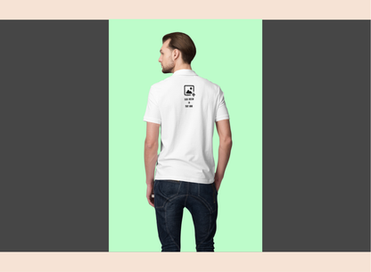 Man wearing a white t-shirt with a logo on the back against a green background