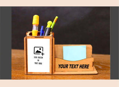 Wooden desk organizer with stationery items on a wooden surface