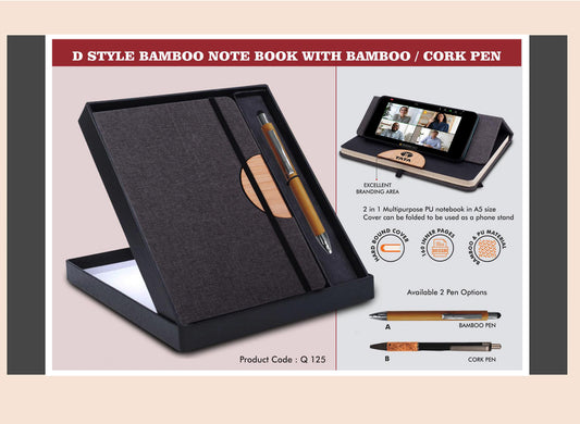 Bamboo notebook with cork pen and phone stand on a beige background