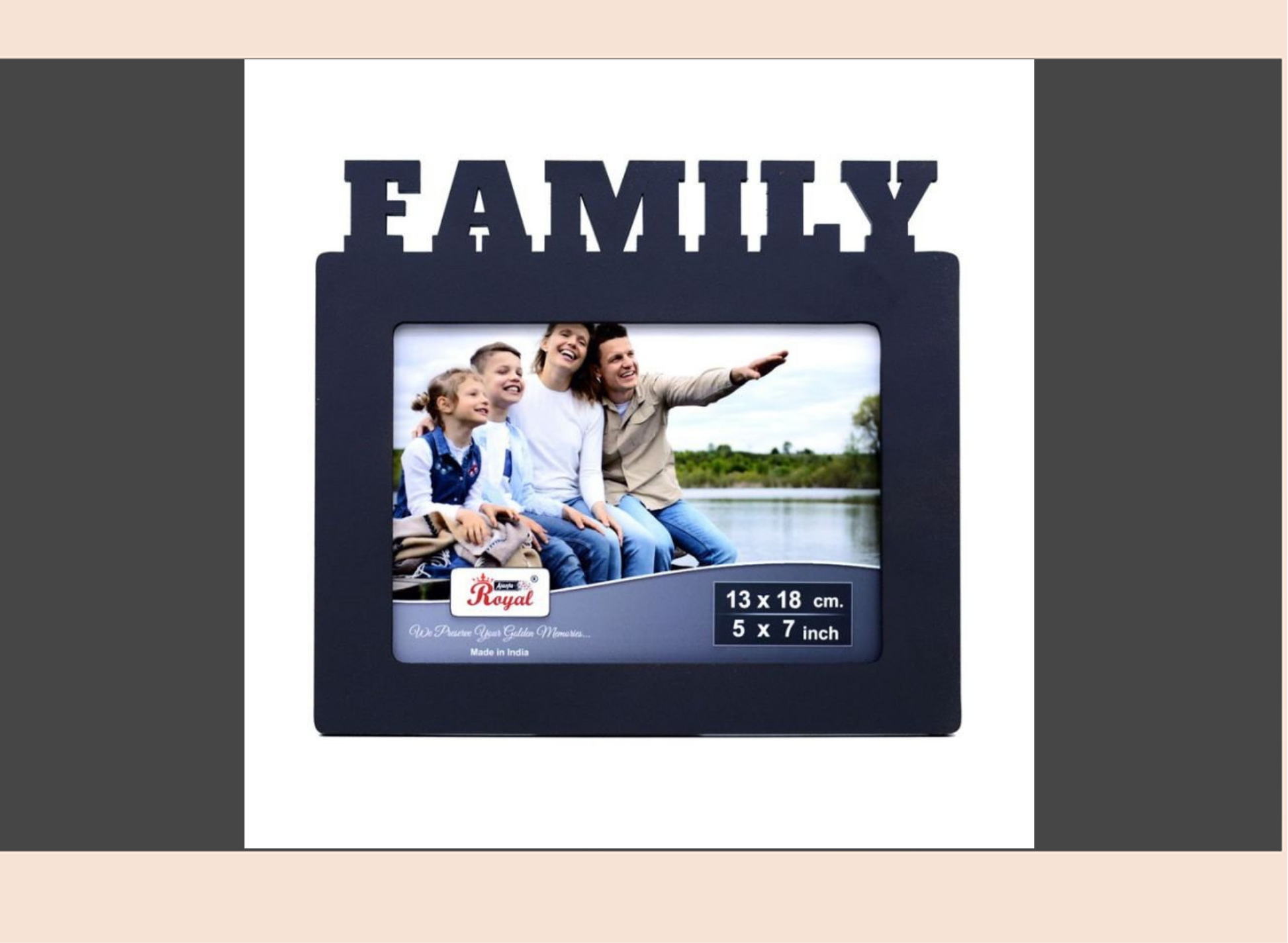 Black family photo frame with a picture of a family by a lake, set against a white background.