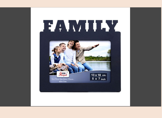 Black family photo frame with a picture of a family by a lake, set against a white background.