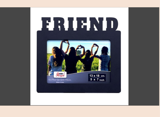 Black photo frame with 'FRIEND' text displaying a family photo, on a white background.