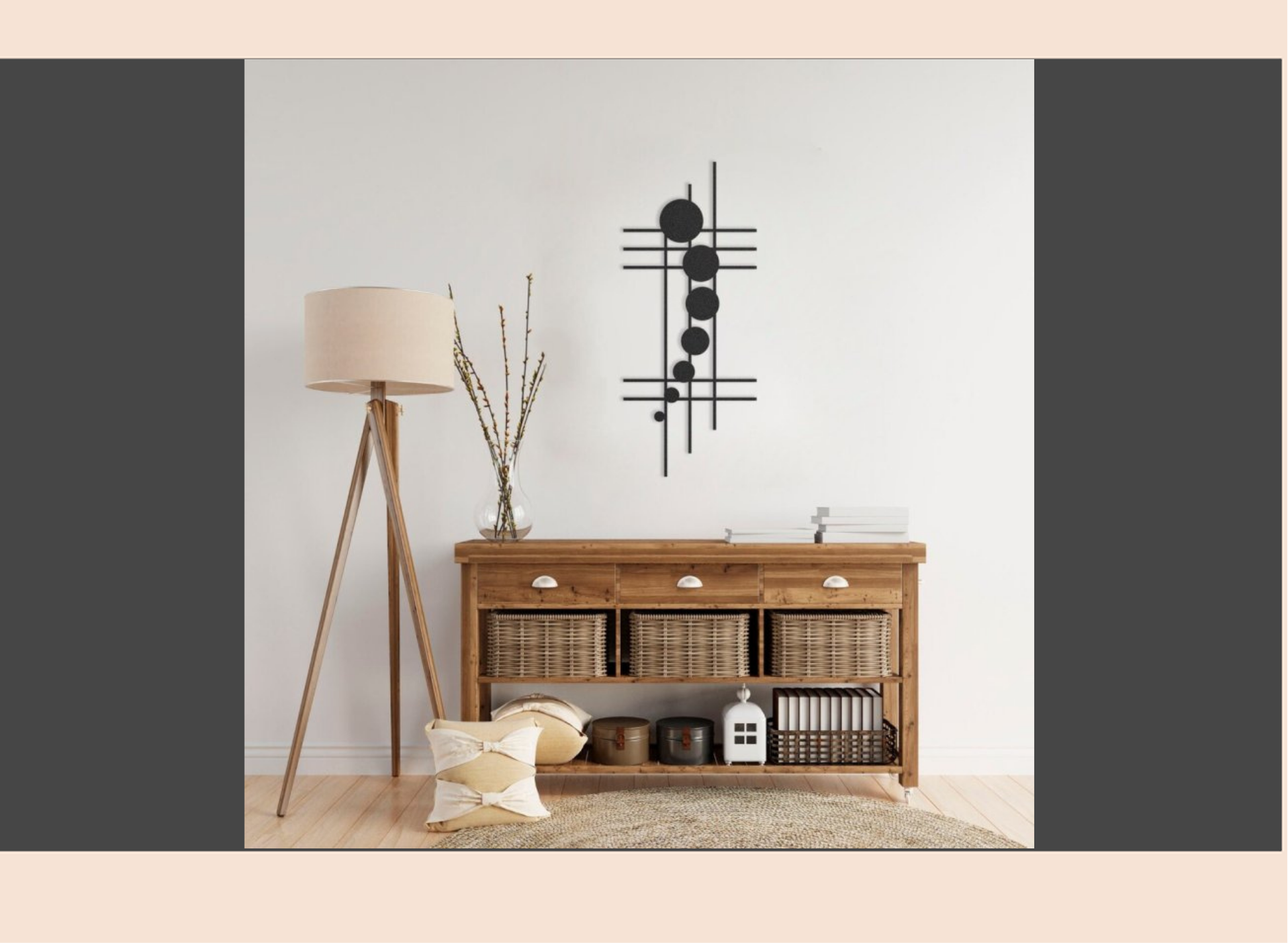 Wooden entertainment console with decorative items in a living room setting.
