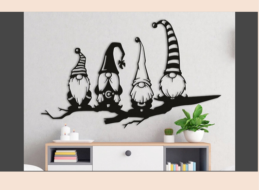 Black MDF wall art featuring a gnome family sitting on a tree branch – whimsical home decor.