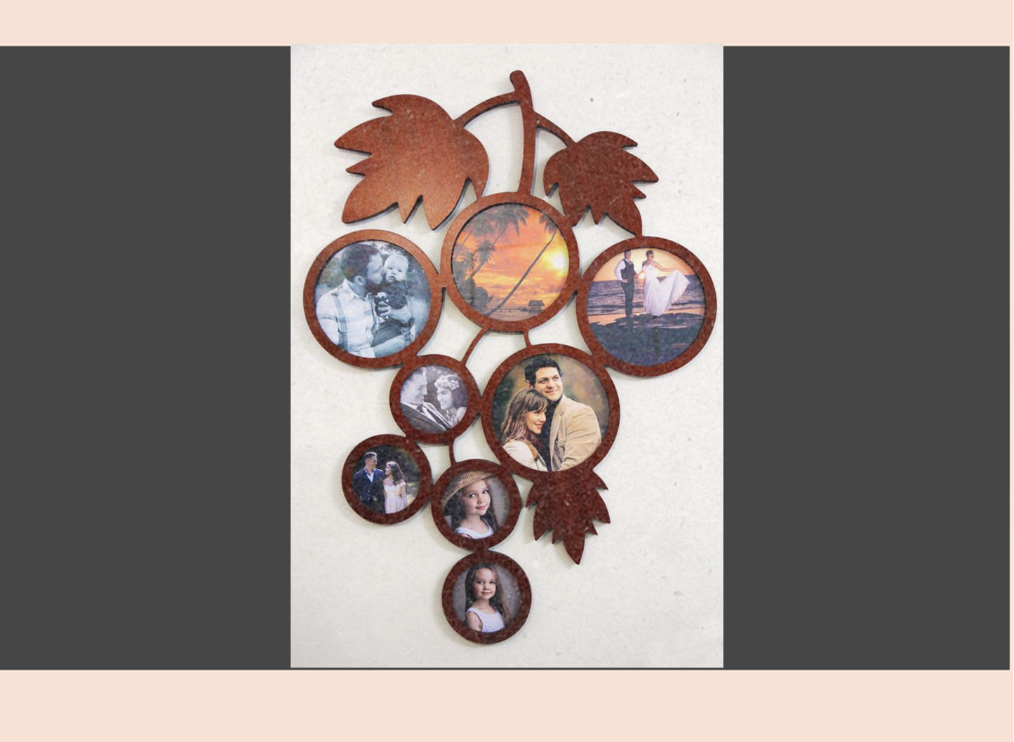 Decorative wall art with circular cutouts displaying various photos on a white background.