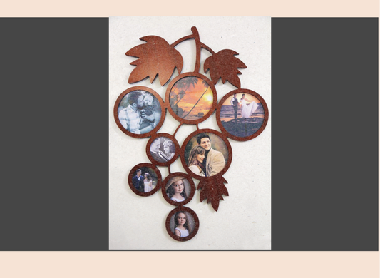 Decorative wall art with circular cutouts displaying various photos on a white background.