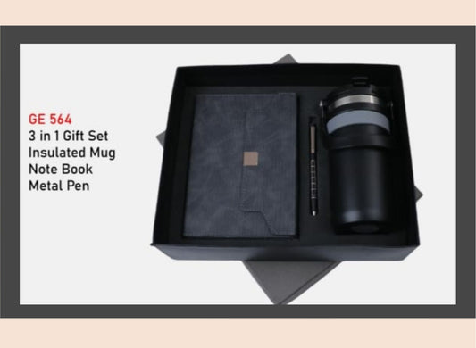 3-in-1 gift set with insulated mug, notebook, and metal pen in a black box.