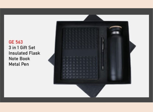3-in-1 gift set with insulated flask, notebook, and metal pen in a black box.
