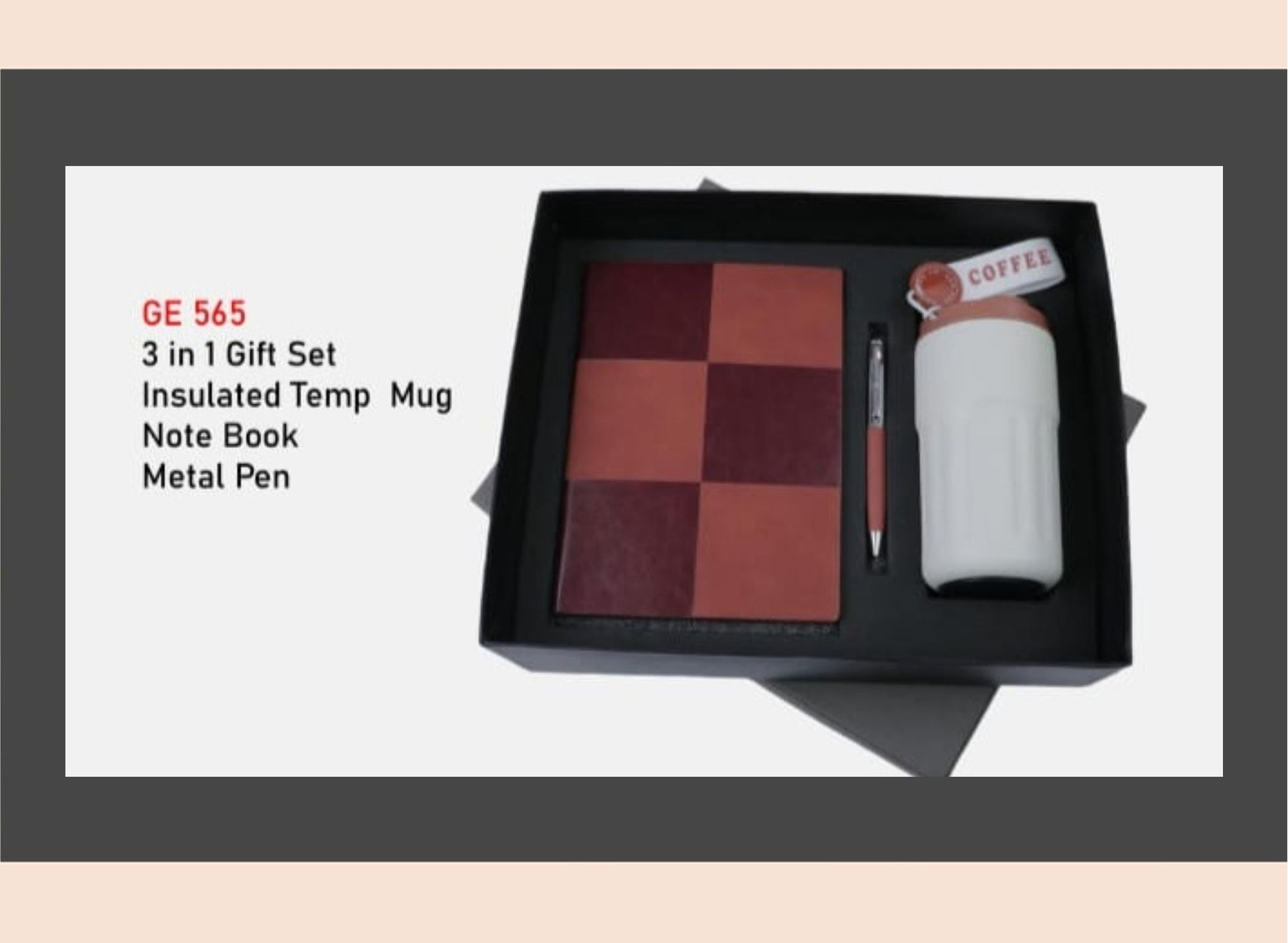 3-in-1 gift set with insulated temp mug, checkered notebook, metal pen, and coffee-themed item.