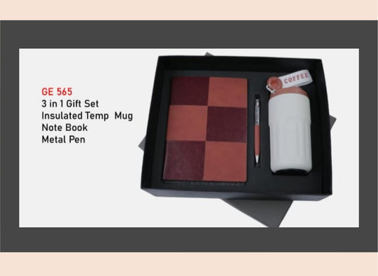 3-in-1 gift set with insulated temp mug, checkered notebook, metal pen, and coffee-themed item.