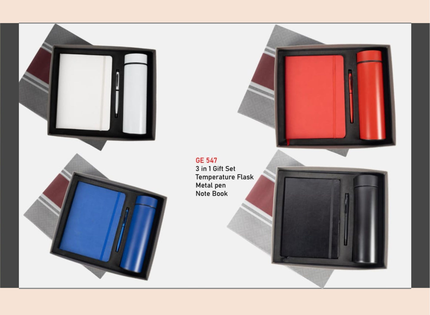 Set of 3-in-1 gift sets with temperature flask, metal pen, and notebook on a geometric patterned background.