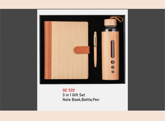 3-in-1 gift set with a notebook, water bottle, and pen on a gray background.
