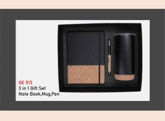 3-in-1 gift set with a black notebook, mug, and pen in a box.