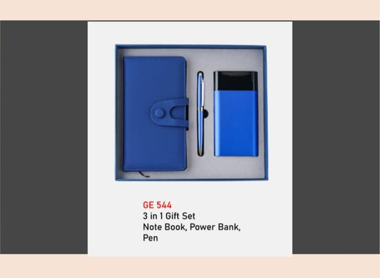 3-in-1 gift set with a blue notebook, power bank, and pen on a white background.