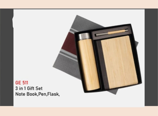 3-in-1 gift set with a notebook, pen, and flask on a white background.