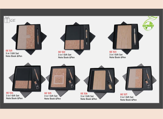 Display of multiple 3-in-1 gift sets with notebooks and pens, featuring the brand