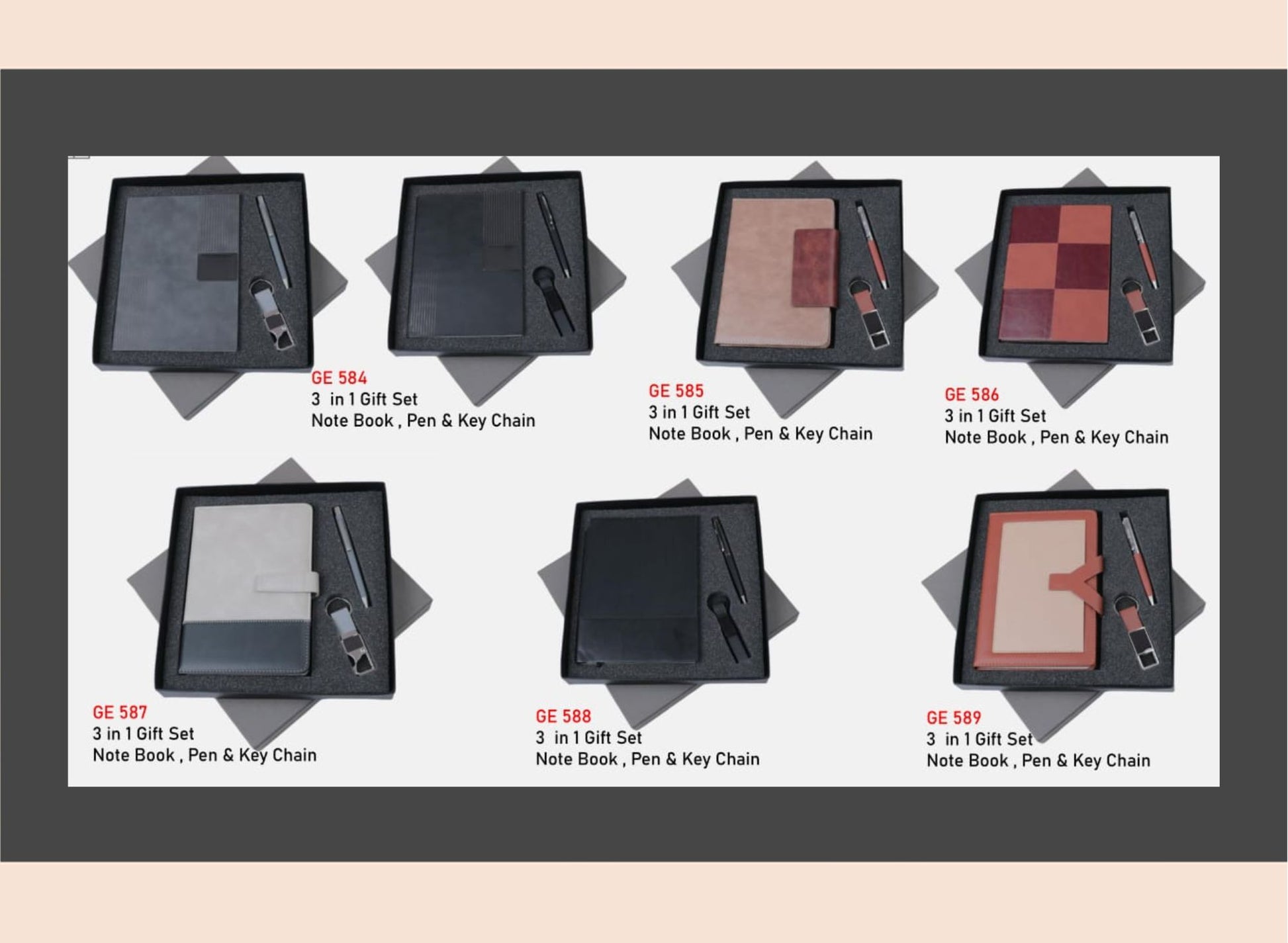 Set of 9 black gift sets with notebooks, pens, and keychains on a white background.