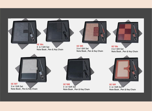 Set of 9 black gift sets with notebooks, pens, and keychains on a white background.
