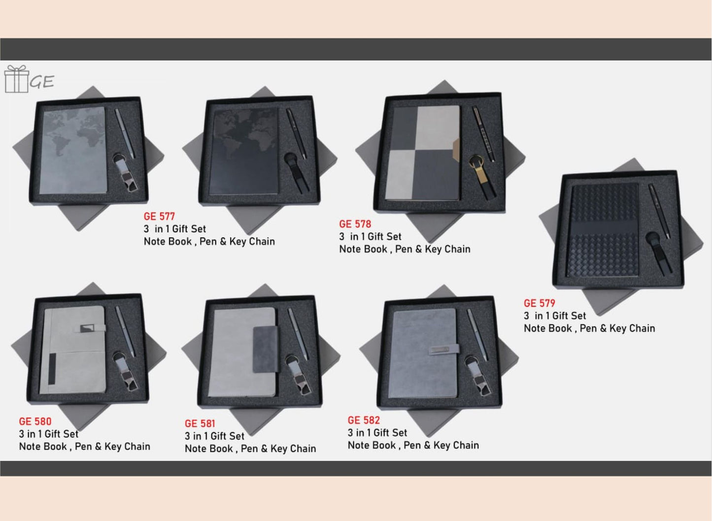 Set of 8 three-in-one gift sets with notebooks, pens, and keychains on a gray background.