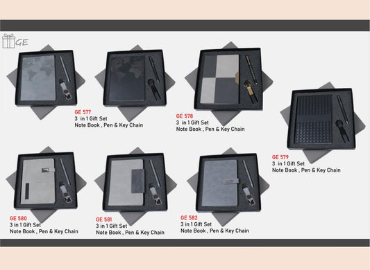 Set of 8 three-in-one gift sets with notebooks, pens, and keychains on a gray background.