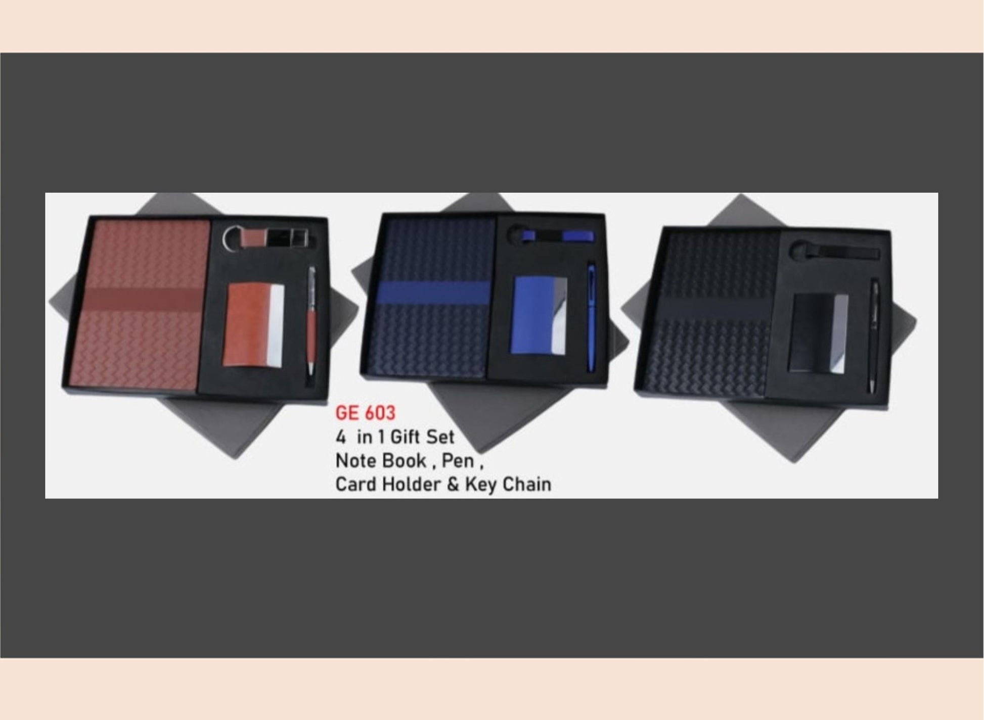 4-in-1 gift set with a notebook, pen, card holder, and keychain on a white background.