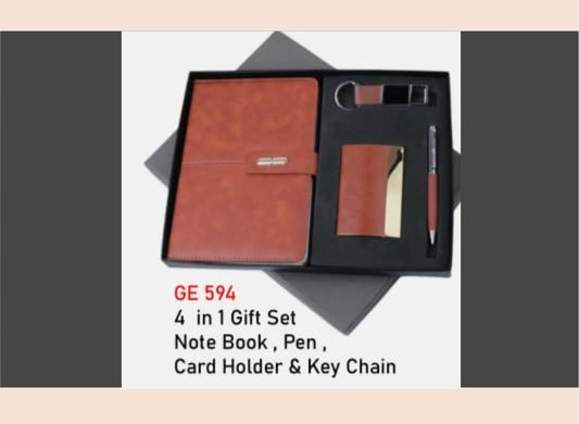 4-in-1 gift set with a notebook, pen, card holder, and key chain on a white background.