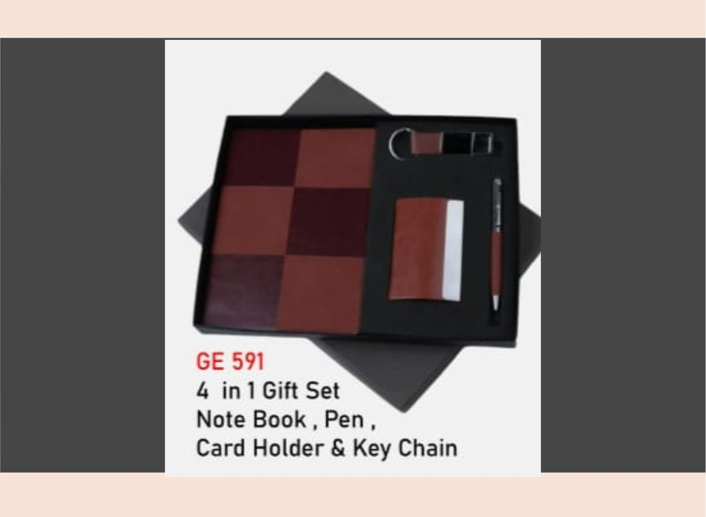 4-in-1 gift set with a notebook, pen, card holder, and keychain on a gray background.