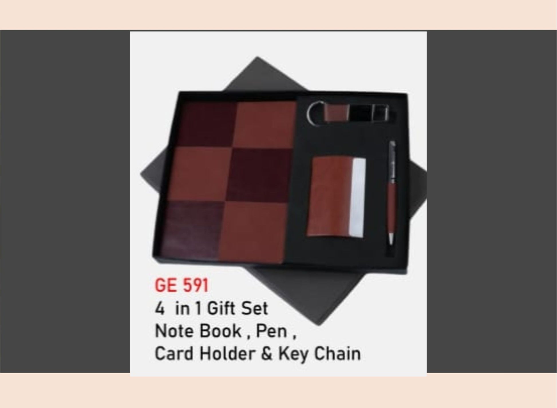 4-in-1 gift set with a notebook, pen, card holder, and keychain on a gray background.