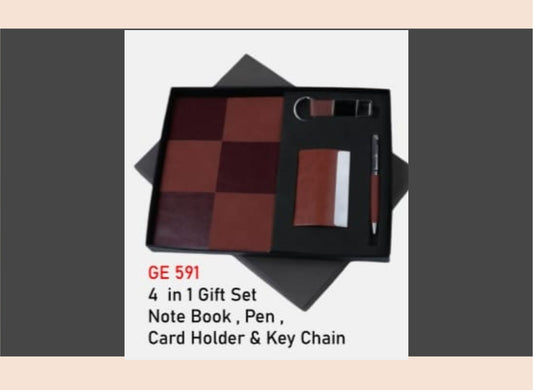 4-in-1 gift set with a notebook, pen, card holder, and keychain on a gray background.