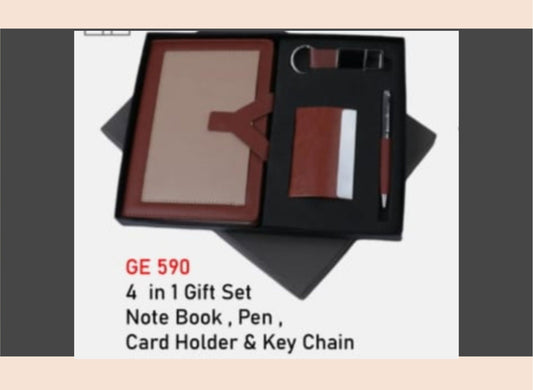 4-in-1 gift set with a notebook, pen, card holder, and keychain in a black box.
