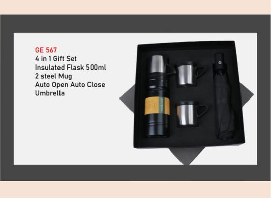 4-in-1 gift set with insulated flask, steel mug, and umbrella in a box.