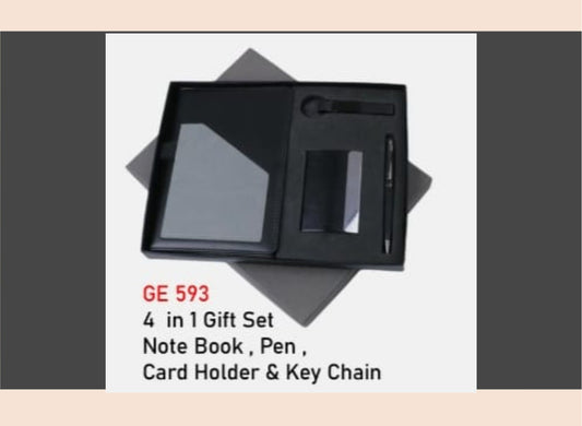 4-in-1 gift set with a notebook, pen, card holder, and keychain on a white background.