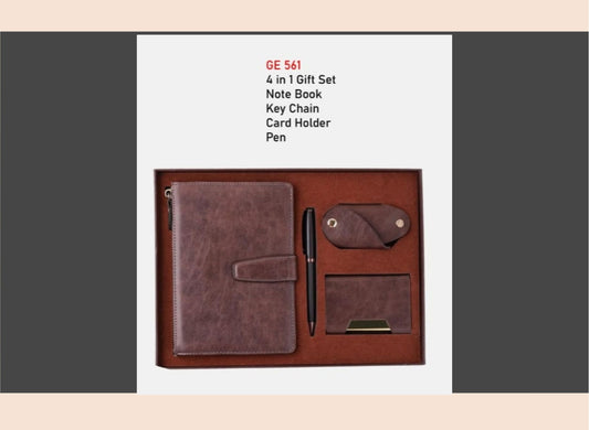 Brown leather gift set with notebook, keychain, card holder, and pen on a white background