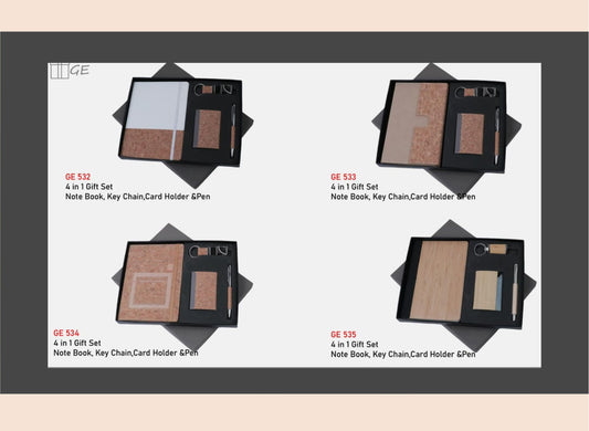 Set of four 4-in-1 gift sets with a notebook, keychain, card holder, and pen on a white background.