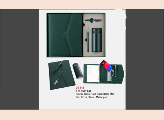 Gift set with power bank, notebook, pen, flask, and metal pen on a white background