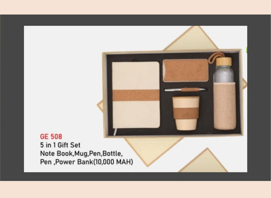 5-in-1 gift set with notebook, mug, pen, bottle, and power bank in a box.