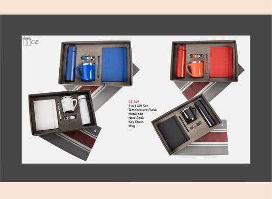 Set of office supplies including mugs, thermos, and keychain in a box on a white background.