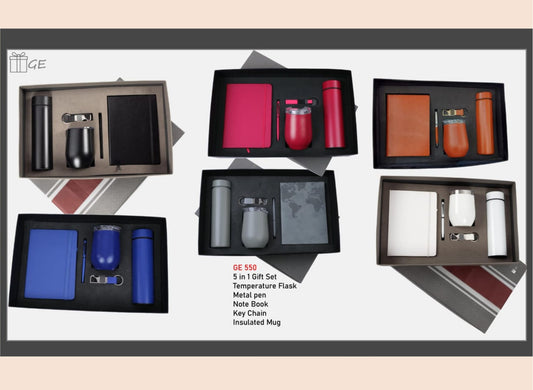 Collection of office supplies including flasks, notebooks, and mugs in black boxes on a white background.