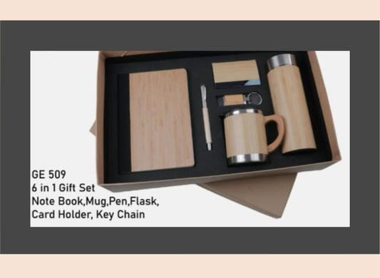 6-in-1 gift set with a notebook, mug, pen, flask, card holder, and key chain in a box.