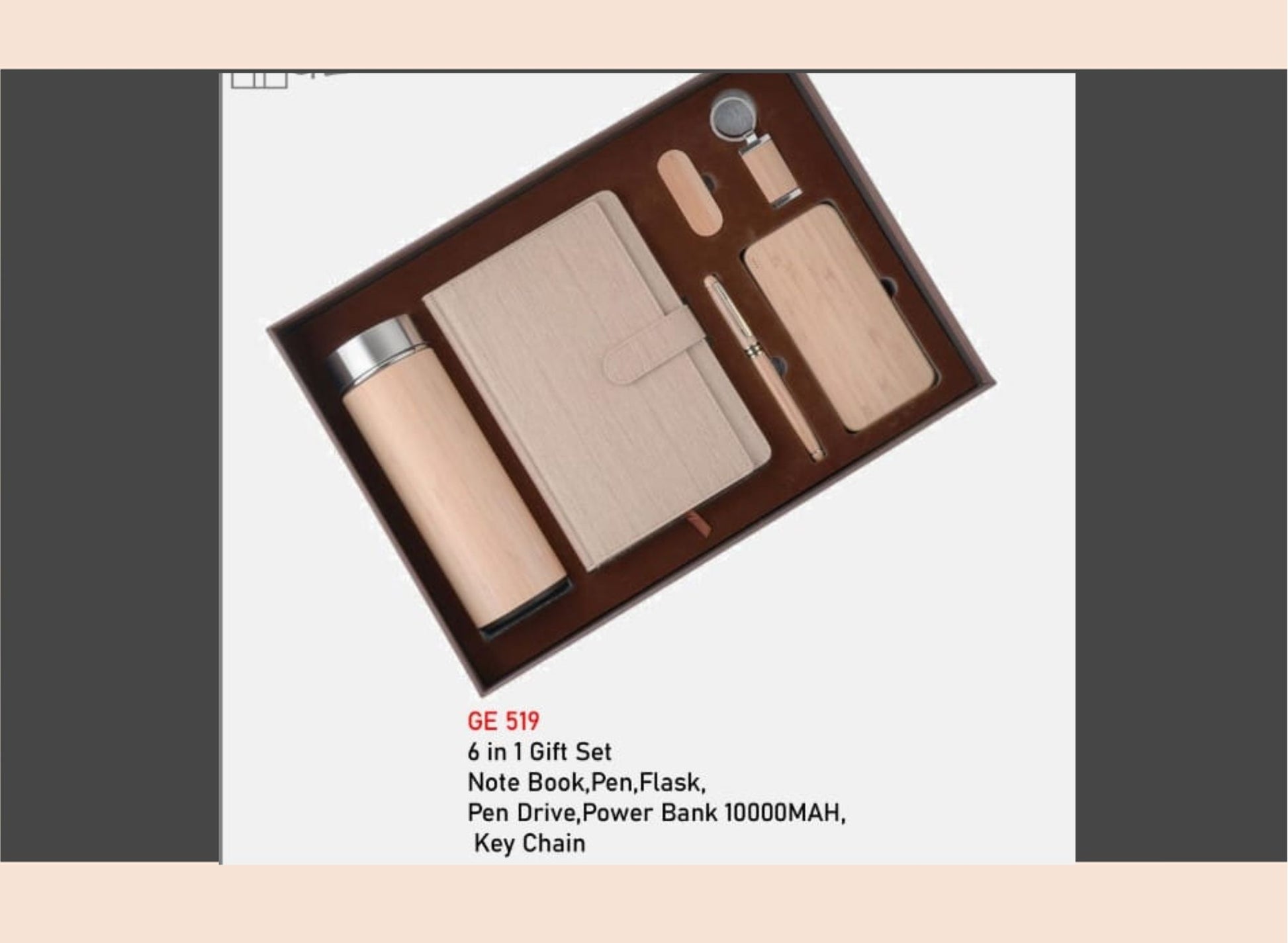 6-in-1 gift set with notebook, pen, flask, power bank, keychain, and pen drive in a brown box.