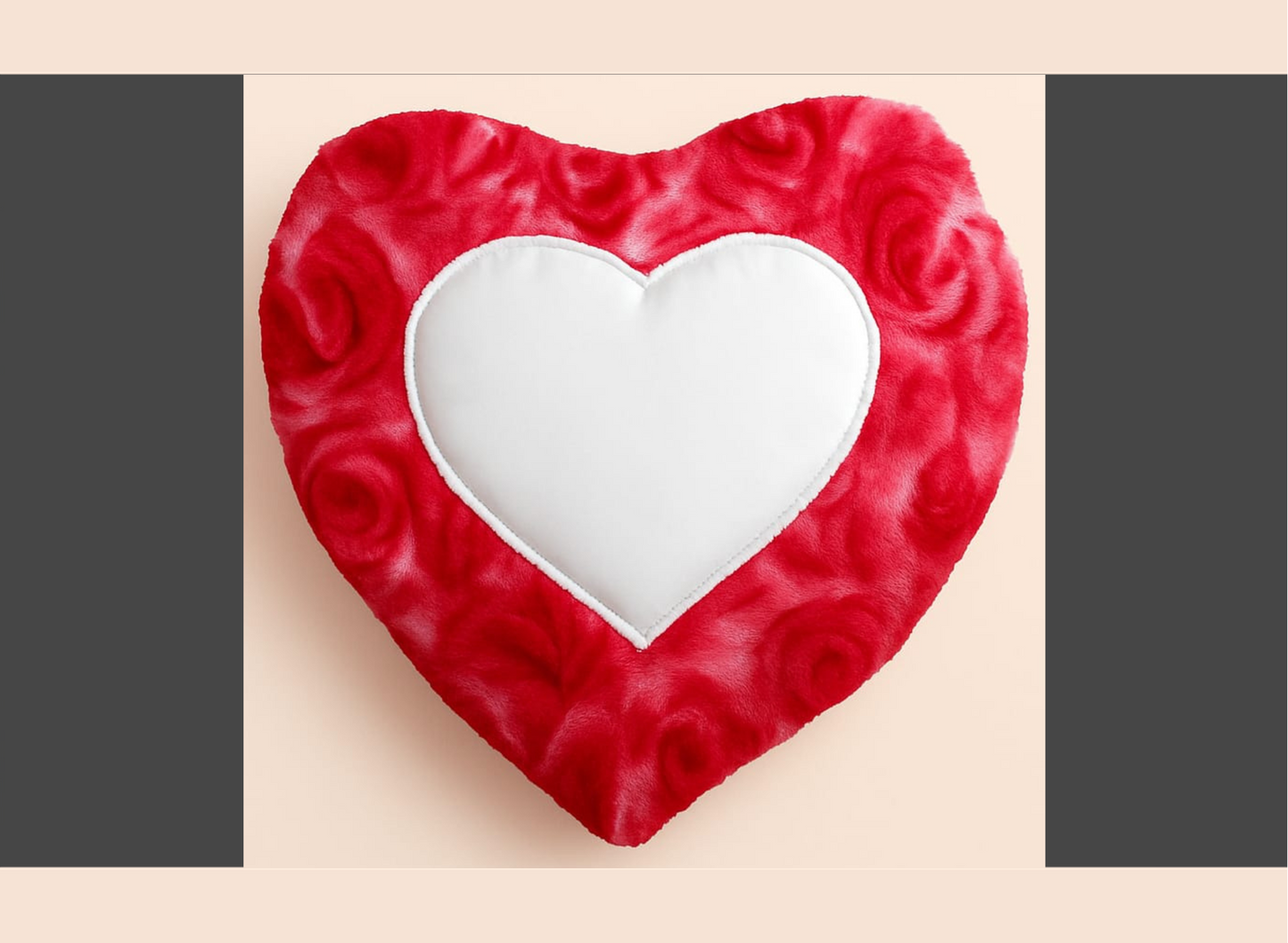 Heart-shaped red and white pillow on a beige background